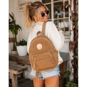 Pura Vida Teddy Bear Sherpa Mini Backpack Brown Fuzzy Boho Logo
